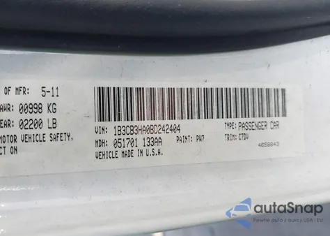 2011 Dodge Caliber Mainstreet z USA, uszkodzony, nr VIN 1B3CB3HA0BD242404